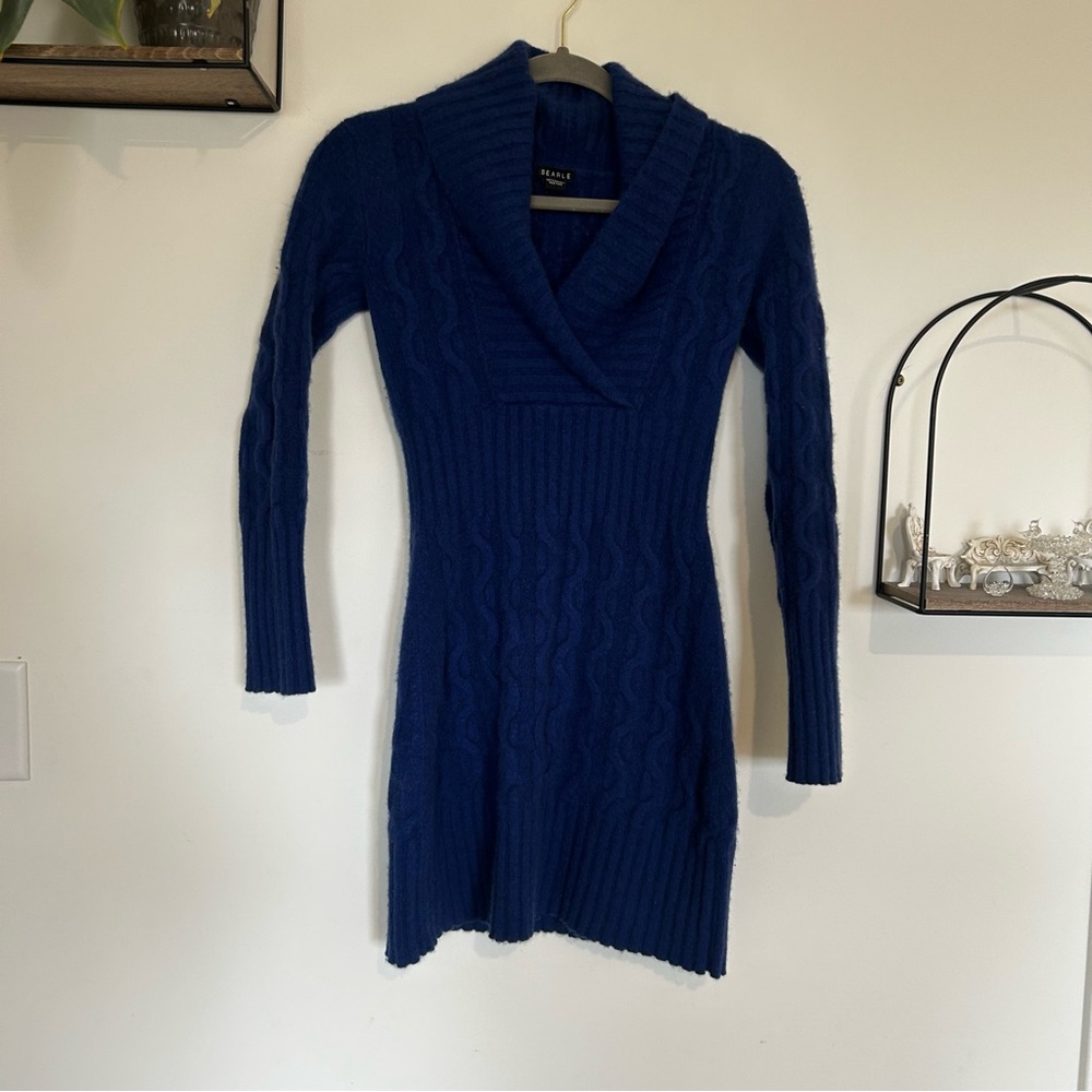Searle Blue 100% Cashmere Long Sleeve Collared V‎ Neck Seater Mini Dress Small